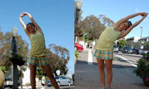 Stretch sideways left and right with your hands behind your head and your legs spread out.