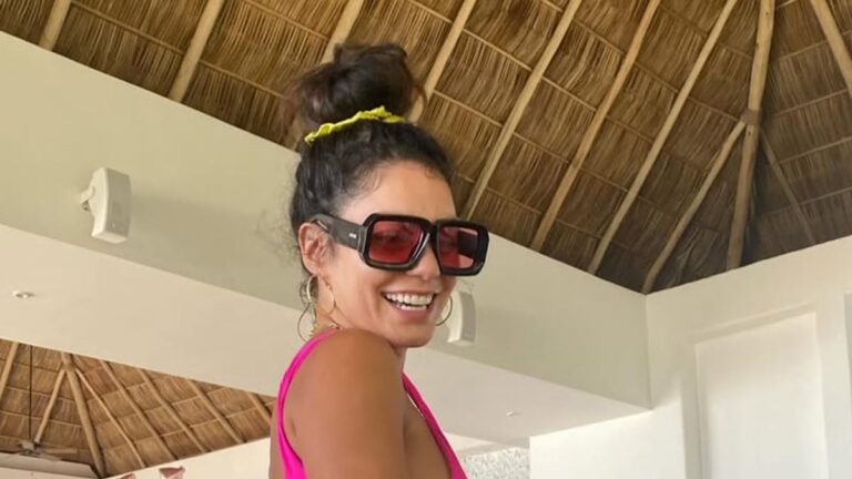 Vanessa Hudgens Rocks a Hot Pink ’80s Swimsuit in Stunning Throwback