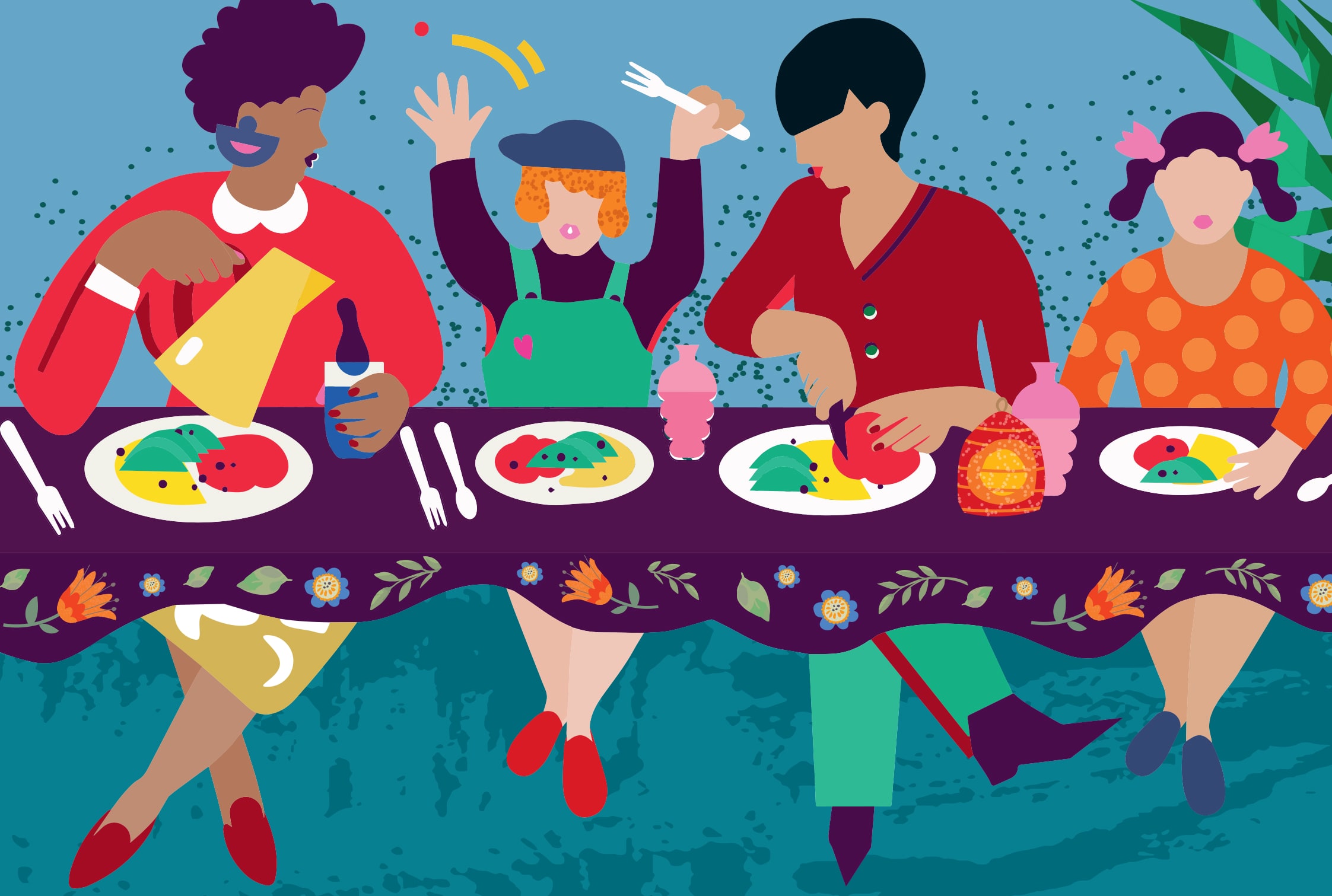 Family at dinner table in line