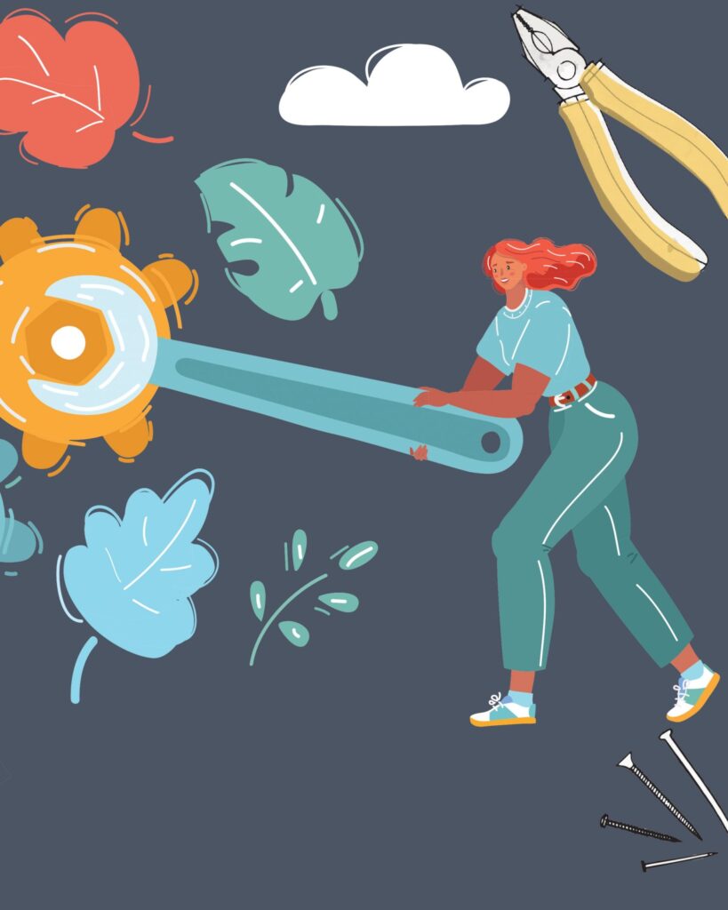 Illustration of woman using screwdriver to turn clogs scaled 1