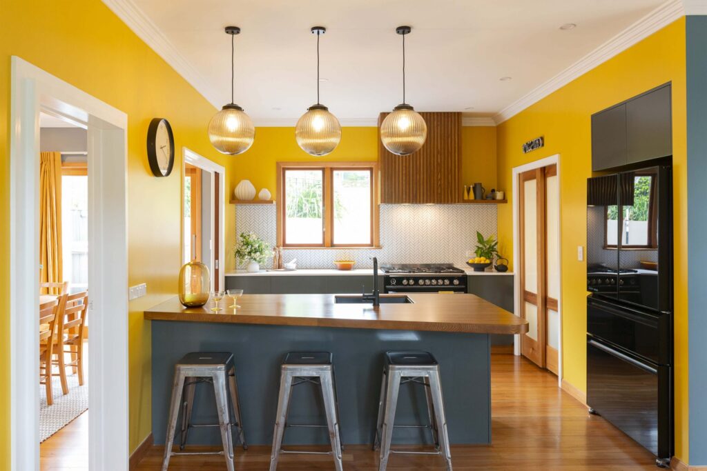 Ngaio House Yellow Kitchen deco light shades scaled 1