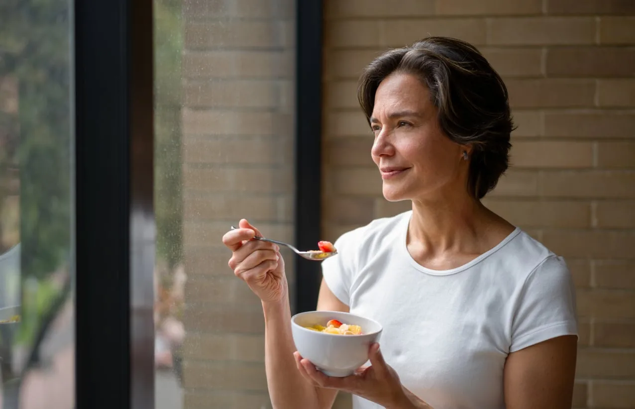 Woman eating breakfast or secret to getting lean and having more energy